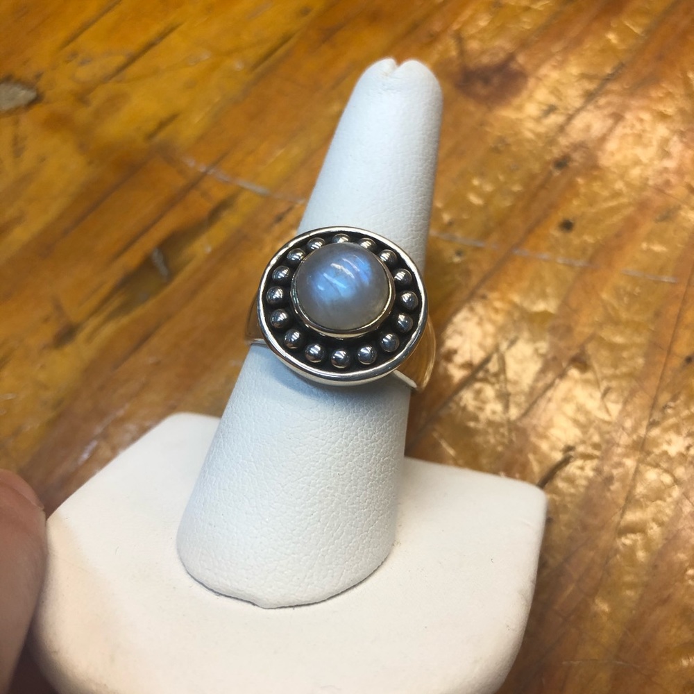 Round moonstone (blue flash!) ring.